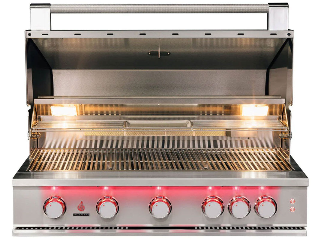 TrueFlame TF40-LP 40-inch 5-burner built-in stainless steel propane gas outdoor kitchen grill with red LED control knobs, interior lights, warming rack and stainless cooking grates