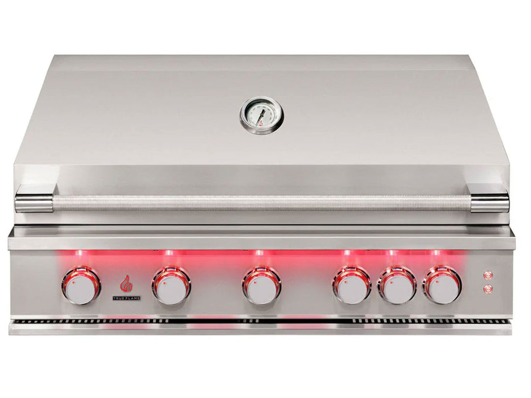 TrueFlame TF40-NG1 40-inch built-in 5-burner natural gas stainless steel grill with hood thermometer, tubular handle and red LED backlit knobs for outdoor kitchen