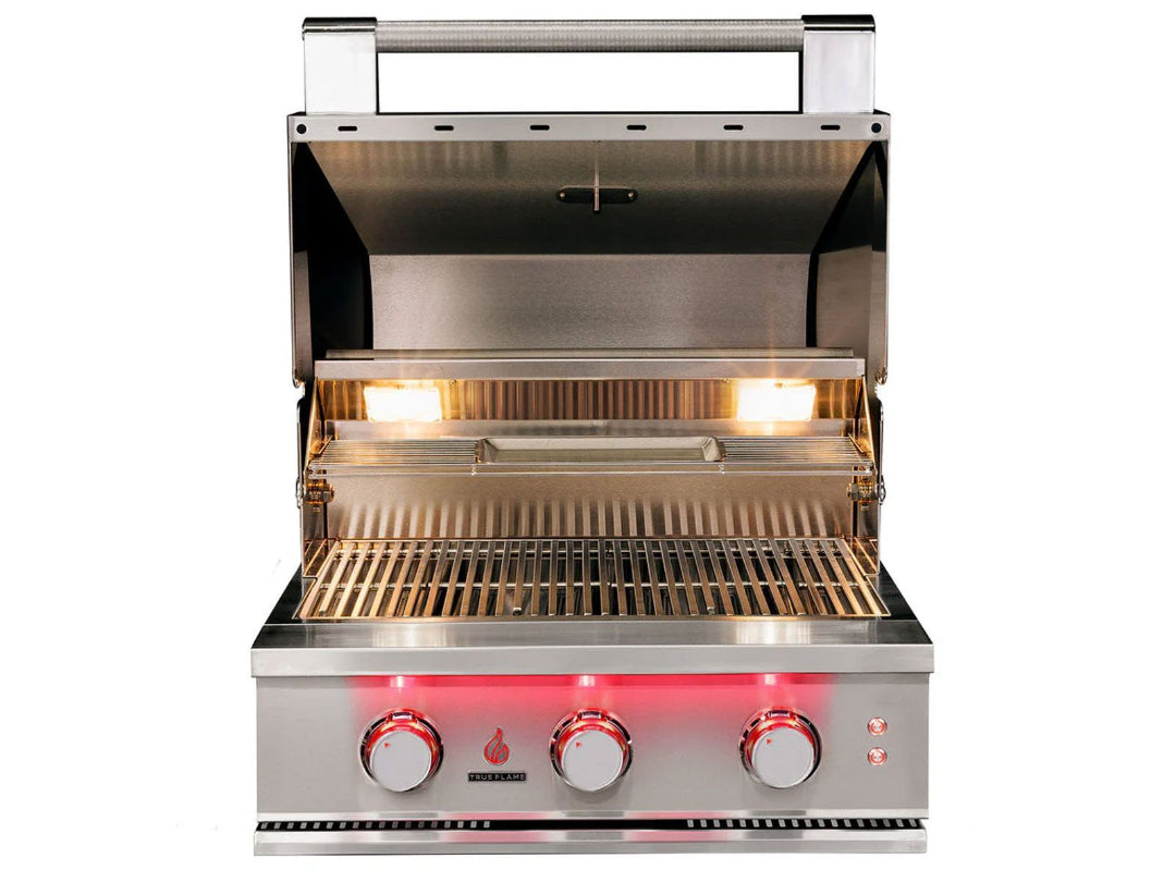 TrueFlame TF Series 25-inch 3-burner stainless steel built-in natural gas grill TF25-NG00 with open hood, interior lights, upper warming rack, stainless cooking grates and illuminated control knobs for outdoor kitchen