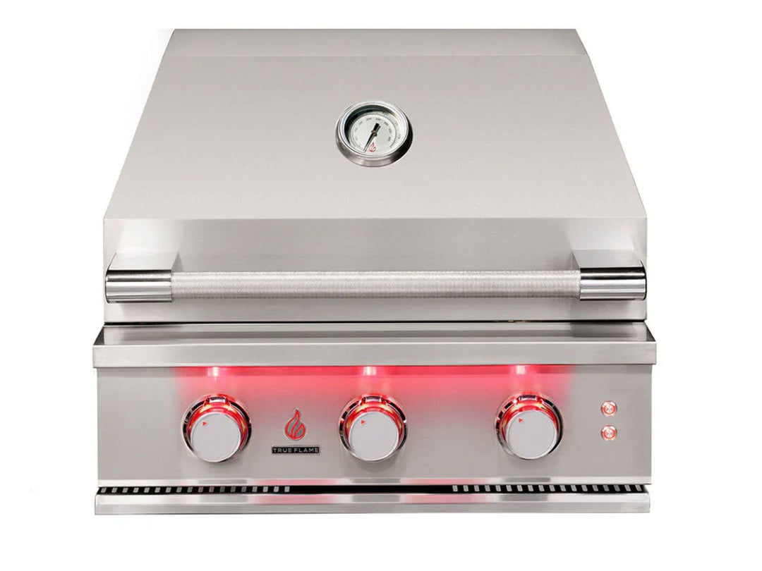 TrueFlame TF25-NG01 25-inch 3-burner built-in natural gas stainless steel grill with hood thermometer and red LED-illuminated control knobs for outdoor kitchen