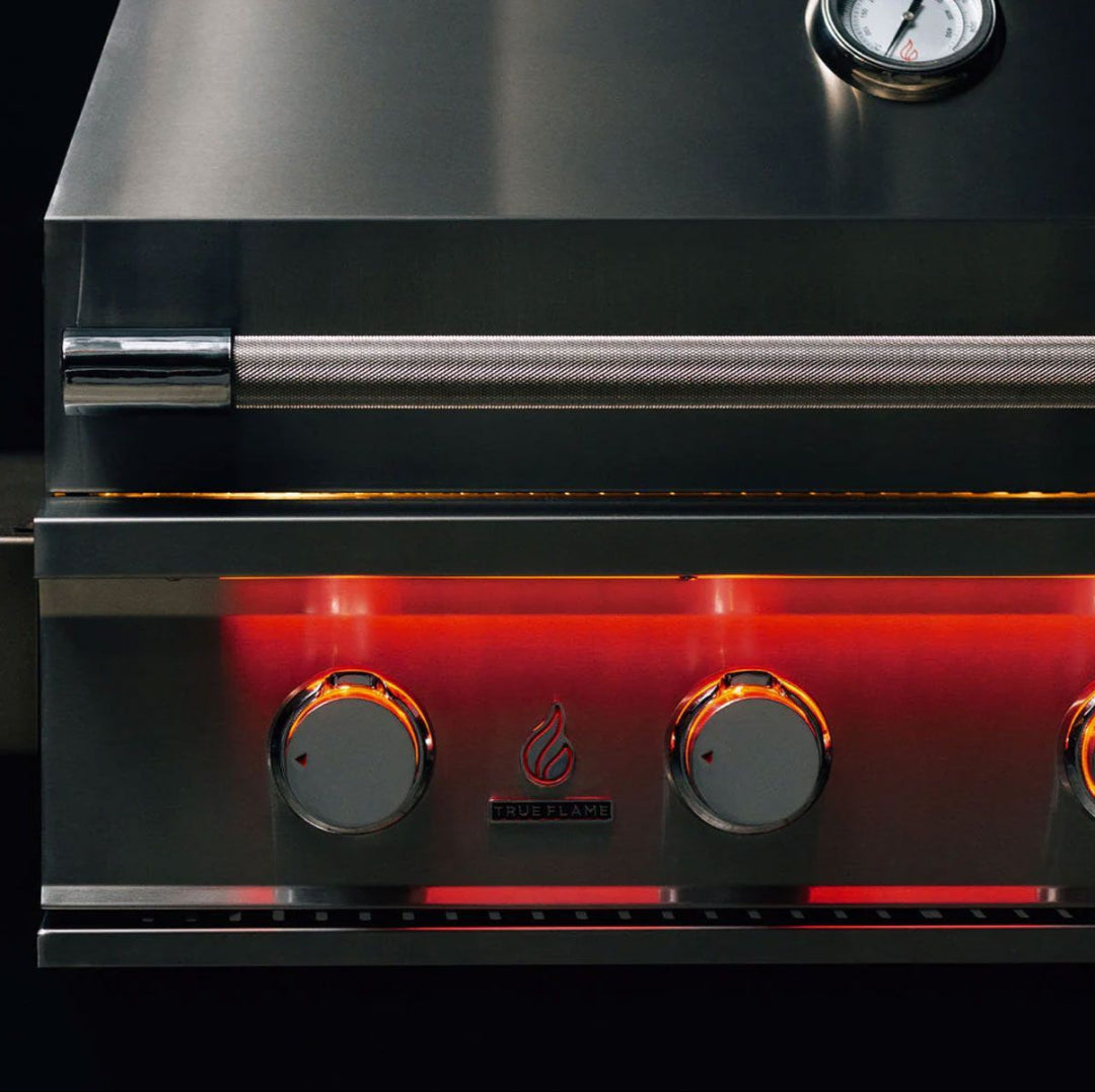 TrueFlame TF25-NG 25-inch 3-burner built-in natural gas grill stainless steel hood with knurled handle, illuminated control knobs and integrated thermometer