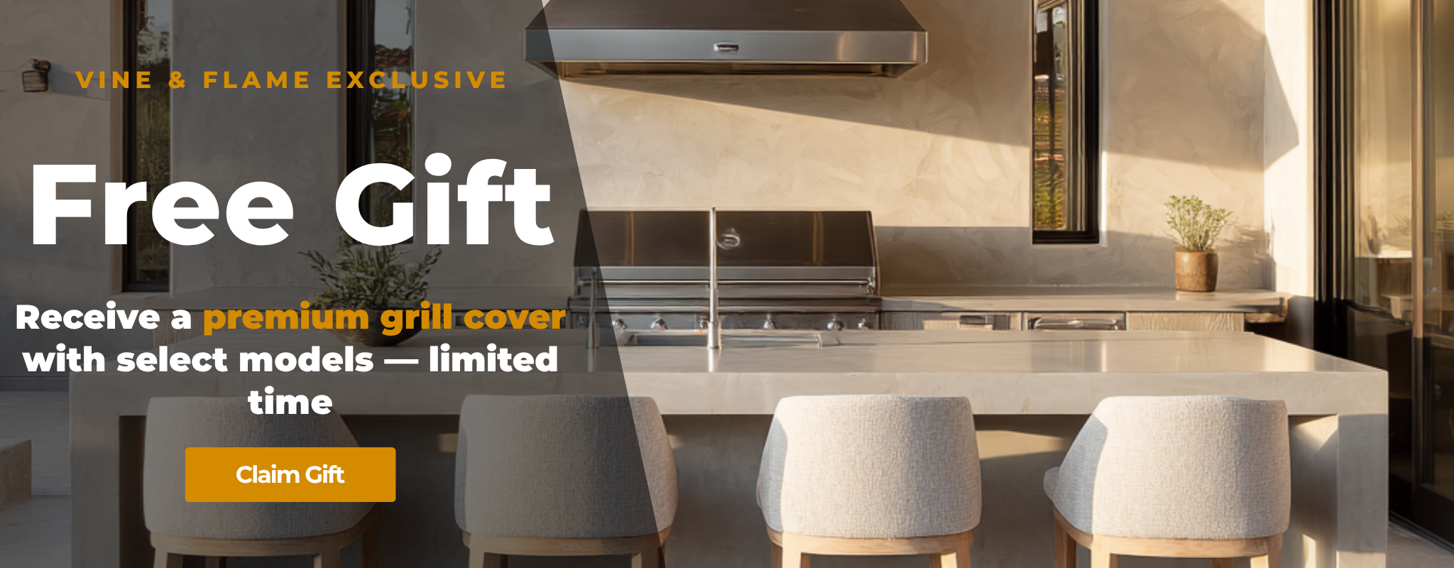 Vine & Flame exclusive premium grill cover free gift for built-in stainless steel outdoor grills, shown with modern outdoor kitchen island, stainless vent hood and bar seating