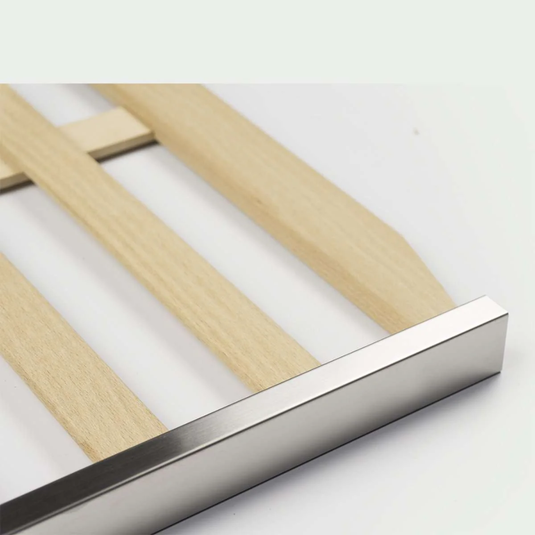 Wood Shelf 28LR slatted light wood floating shelf with brushed stainless steel front trim for bathroom and kitchen storage