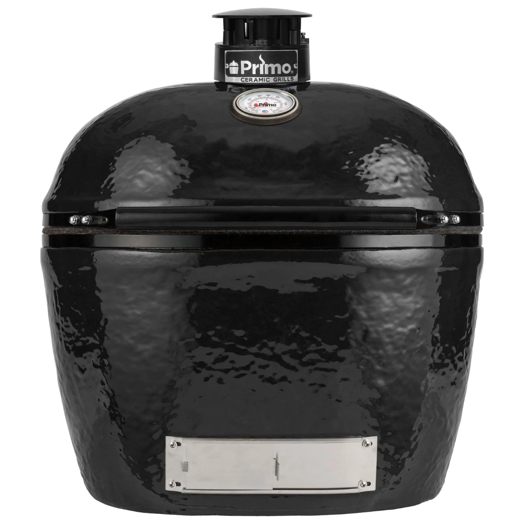 Primo XL400 black ceramic oval kamado grill front view with built-in lid thermometer, top draft vent and stainless-steel bottom vent plate — XL400 ceramic charcoal smoker for backyard grilling and low-and-slow barbecue