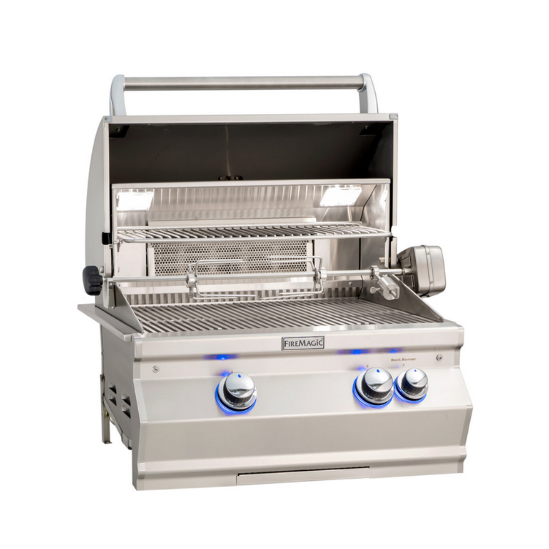 FireMagic A403i-8AEN built-in stainless steel 3-burner gas grill head with rotisserie, infrared back burner, warming rack and blue LED control knobs for outdoor kitchen