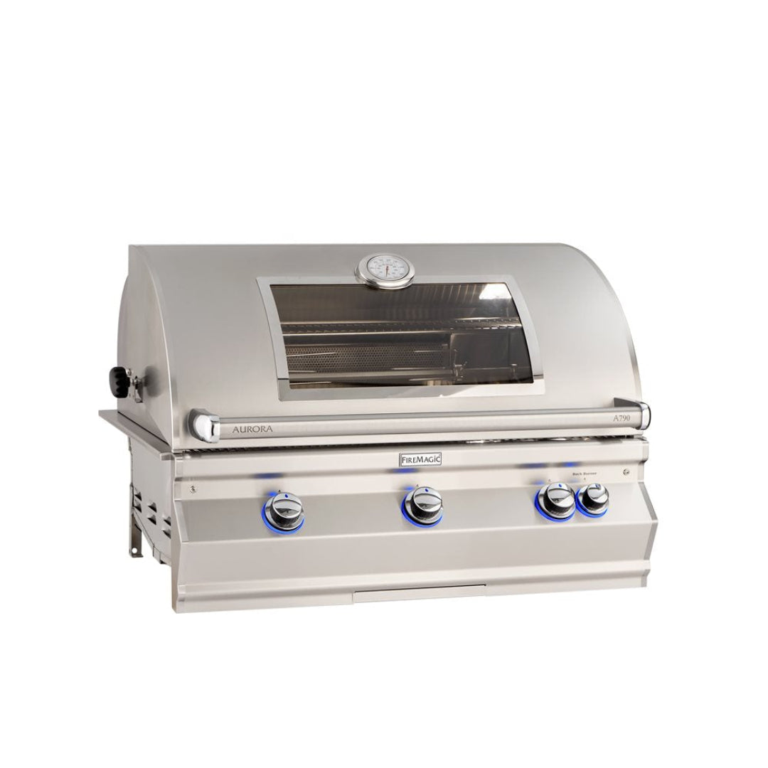 FireMagic Aurora A790i built-in stainless steel gas grill with viewing window, analog lid thermometer and LED-illuminated control knobs