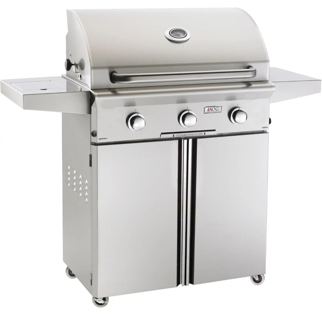 American Outdoor Grill L-Series 30-inch 3-burner stainless steel freestanding gas grill with double-door storage cabinet, side shelves, hood thermometer and caster wheels (30PCL-00SP)