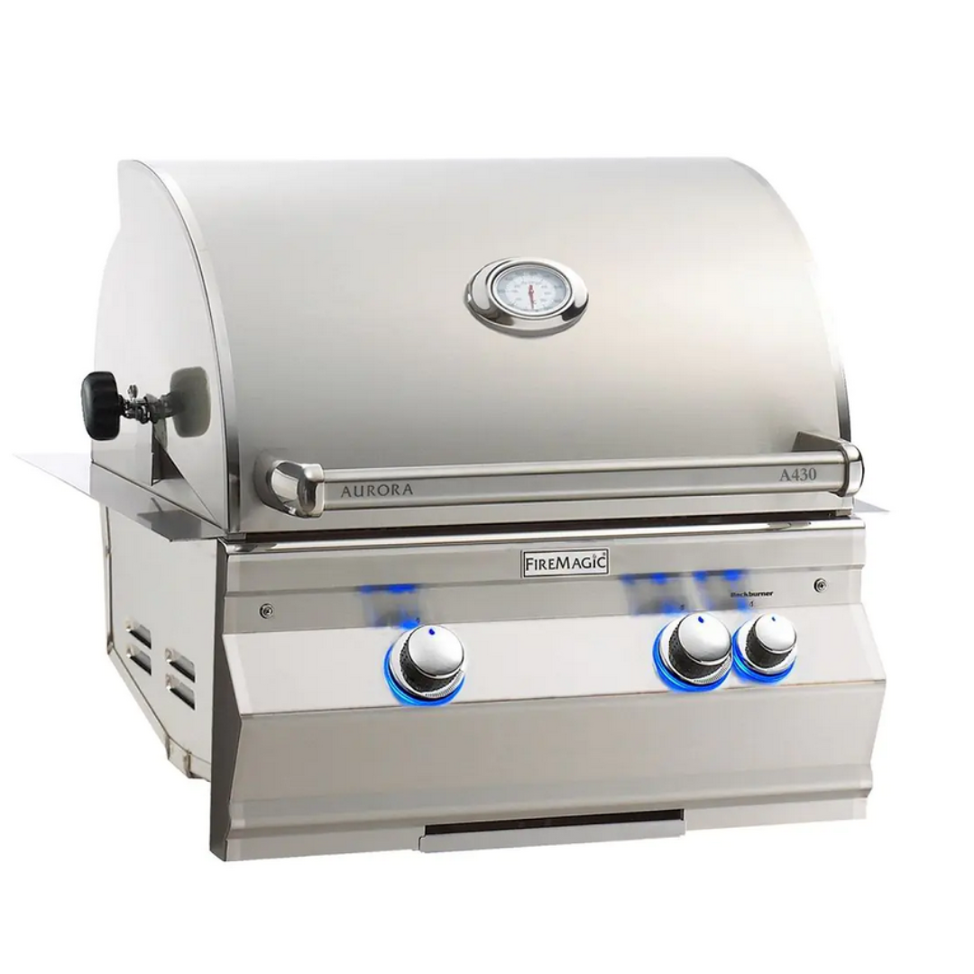 FireMagic Aurora A430i built-in stainless steel 3-burner gas grill with lid thermometer and blue LED illuminated control knobs for outdoor kitchen