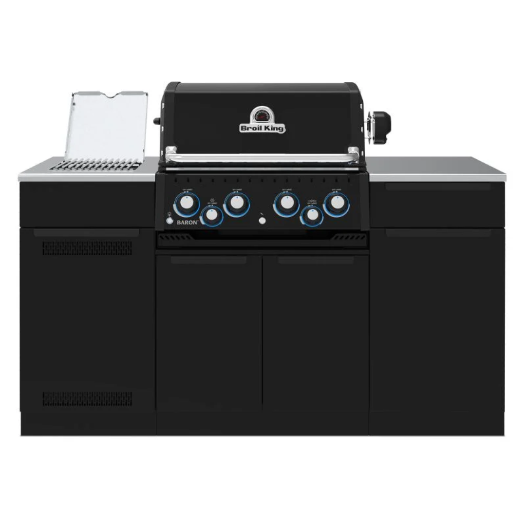 Freestanding grill, Broil King, Baron series, outdoor kitchen island setup with side burner and control knobs