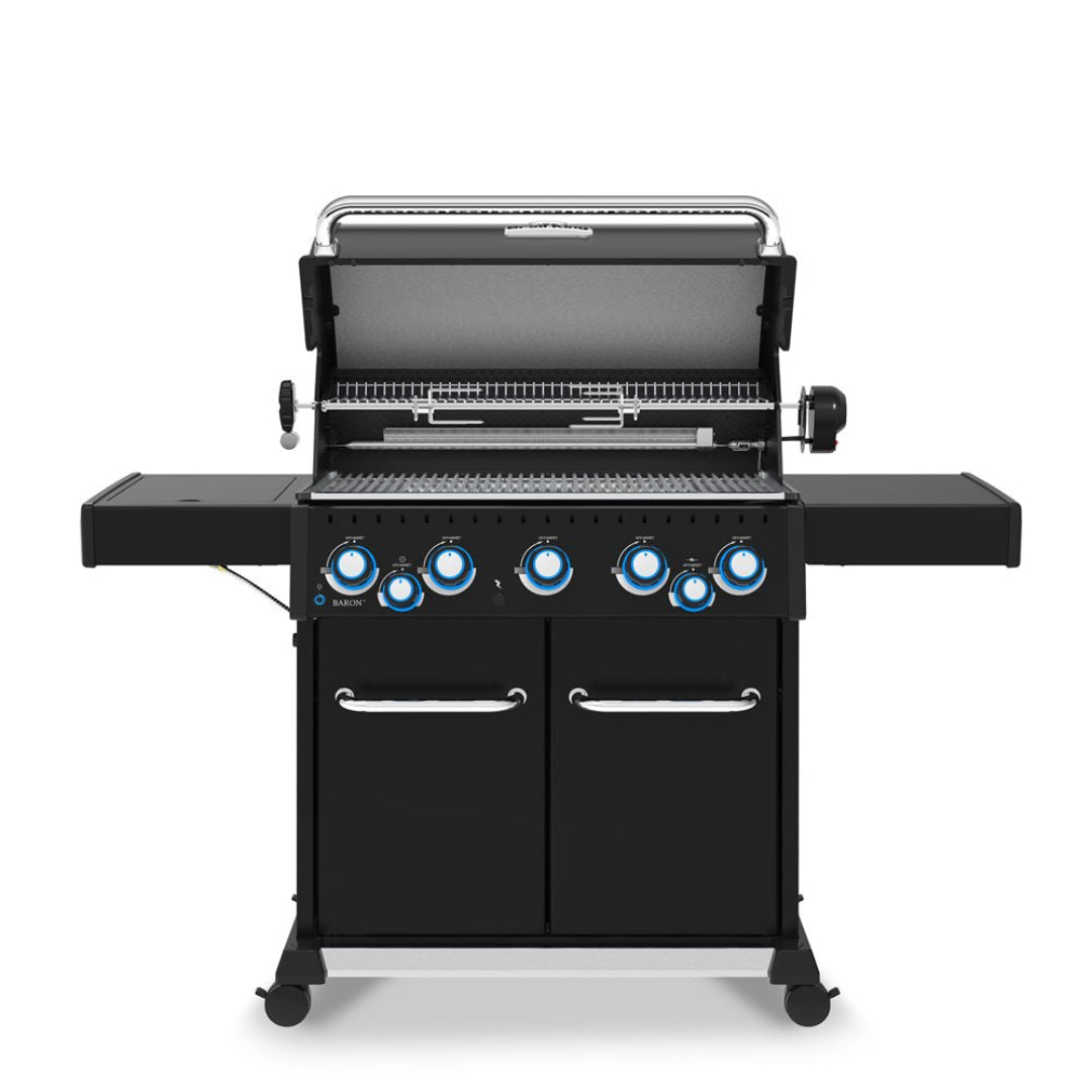 Freestanding grill, Broil King, Baron series, 5-burner propane grill with lid open and rotisserie system visible