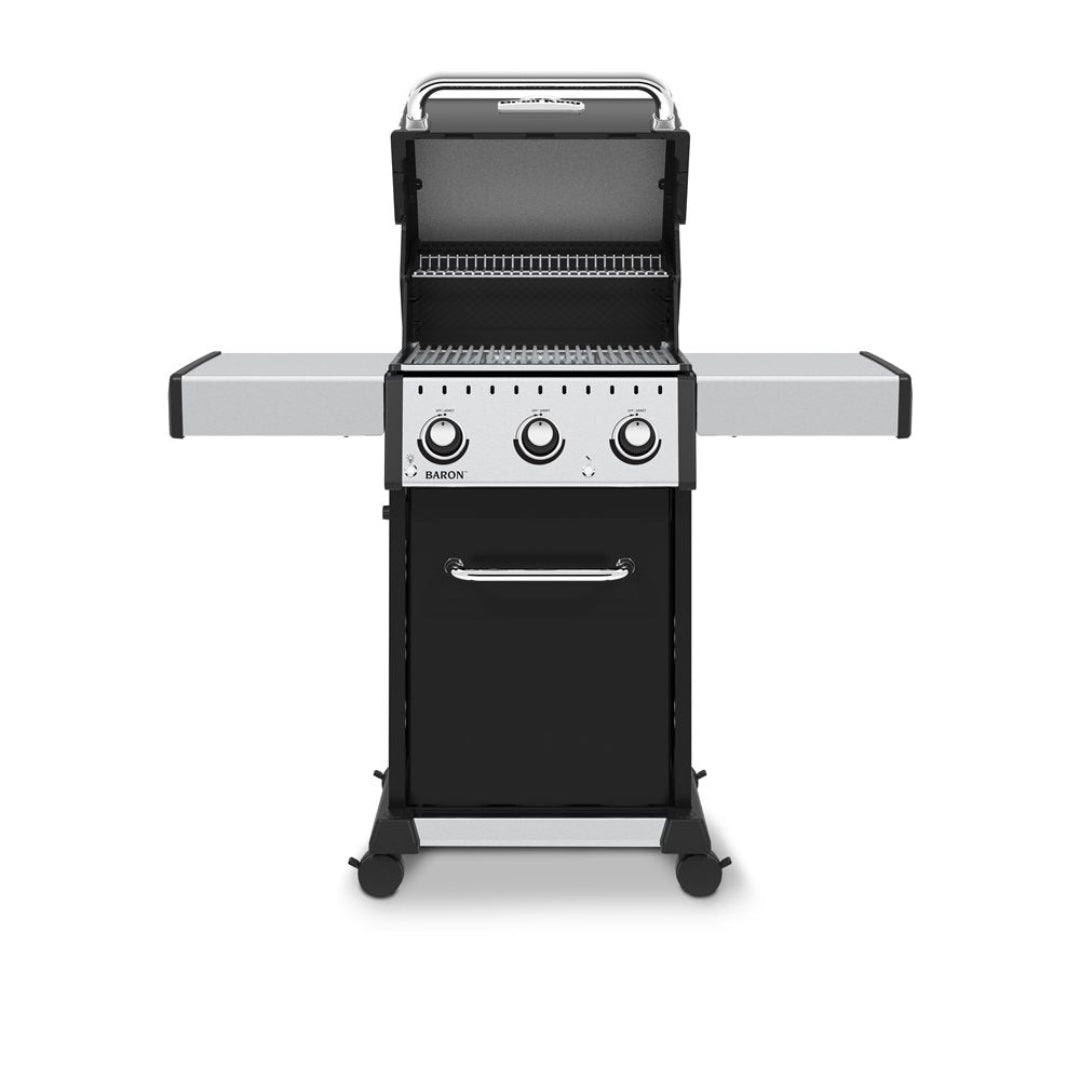 Freestanding grill, Broil King, Baron Series, 3-burner propane grill with lid open and dual side shelves