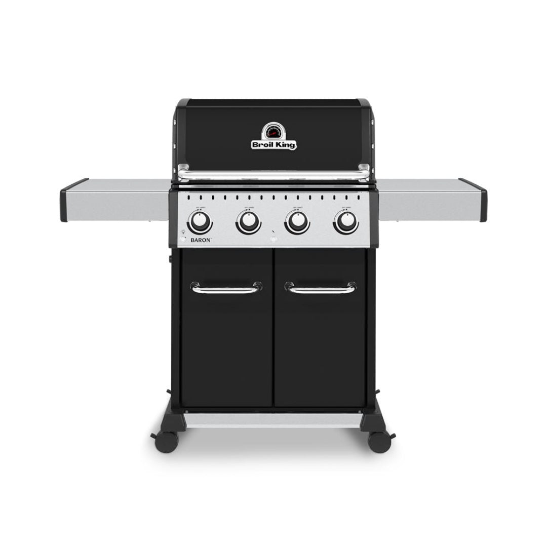 Freestanding gas grill, Broil King, Baron Series, 4-burner BBQ with dual side shelves and cabinet doors, ideal for backyard cooking