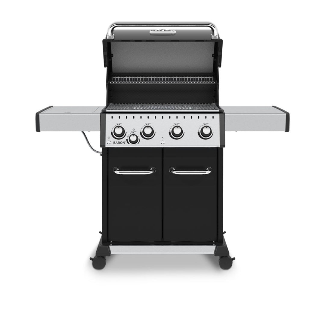 Freestanding grill, Broil King, Baron Series, 4-burner gas grill with hood open and stainless steel side shelves