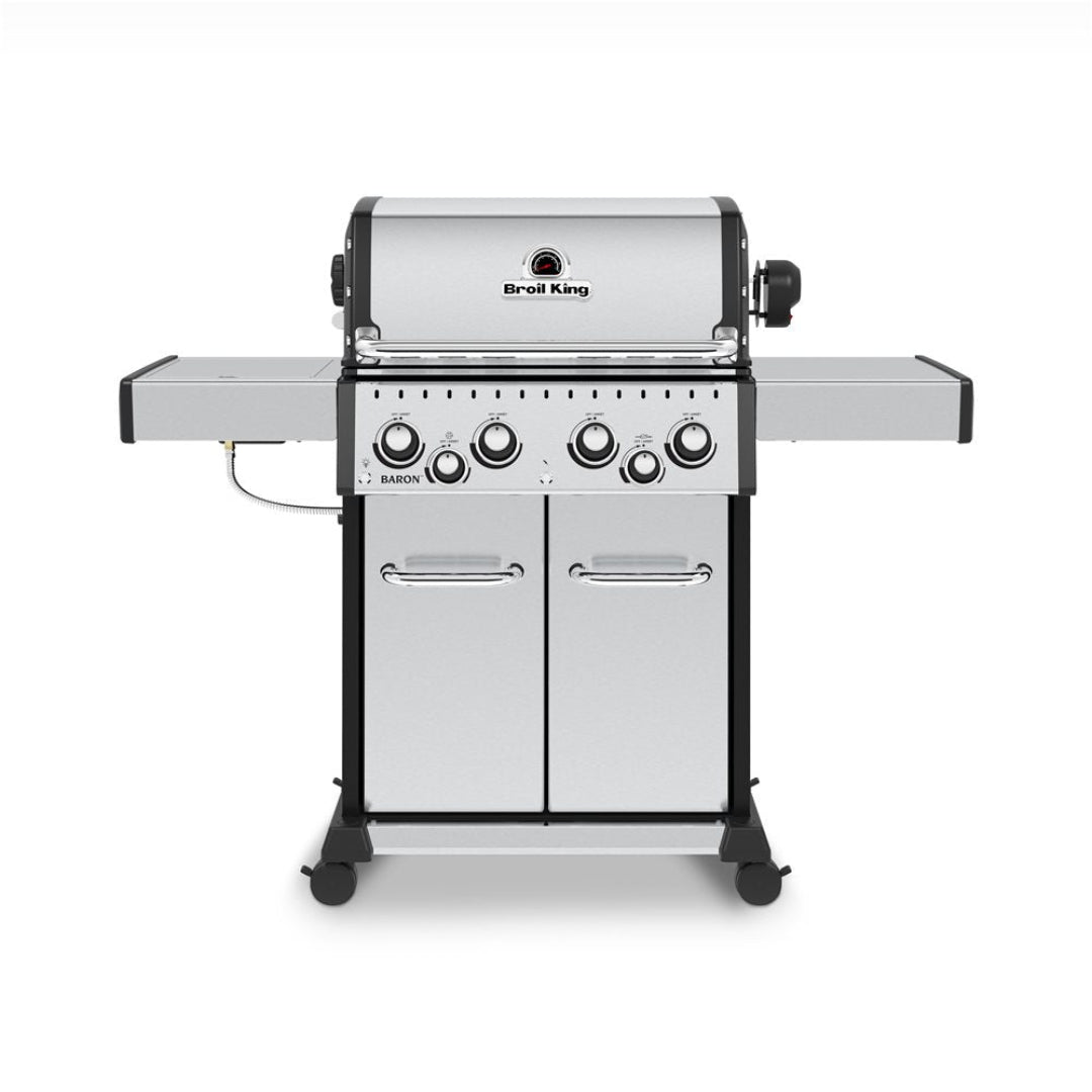 Freestanding grill, Broil King, Baron Series, stainless steel 5-burner propane model with side shelves