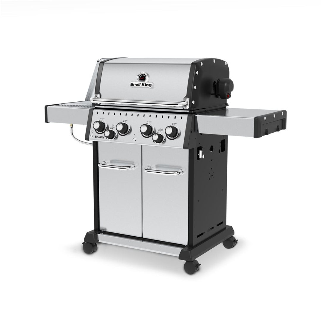 Freestanding grill, Broil King, Baron Series, stainless steel 5-burner gas grill with side shelves and control knobs
