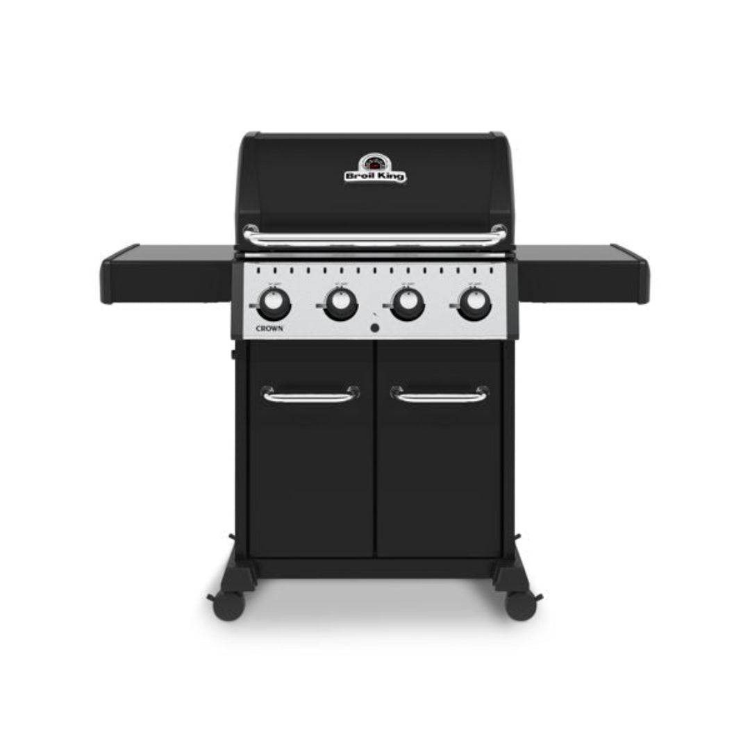 Freestanding grill, Broil King, Crown Series, black 4-burner propane gas grill with side shelves and enclosed cabinet