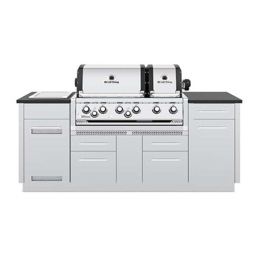 Broil King Imperial S 690i built-in stainless steel 6-burner gas grill island for outdoor kitchen with dual hoods and integrated storage drawers, front view