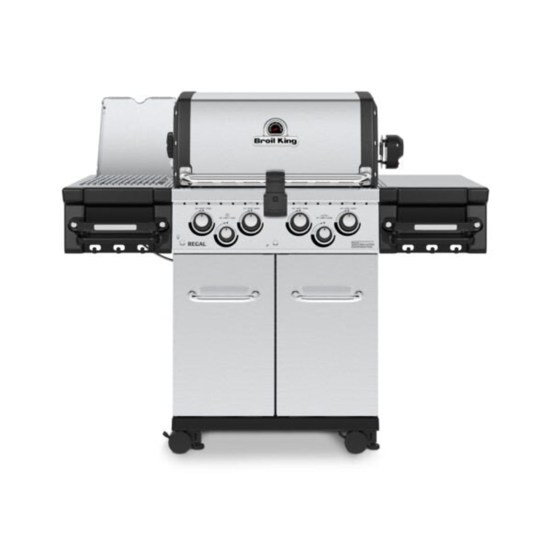 Broil King Regal S 490 Pro IR stainless steel 4-burner gas grill front view — cart-style outdoor propane barbecue with infrared sear, double-door storage cabinet, fold-down side shelves and caster wheels