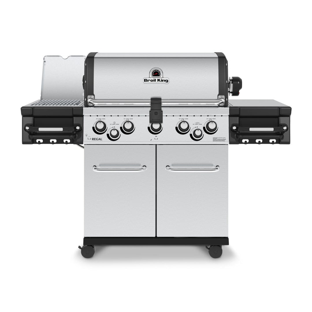 Broil King Regal S 590 Pro IR stainless steel 5-burner propane gas grill front view with double-door storage cart, side burners, folding shelves and infrared rotisserie burner