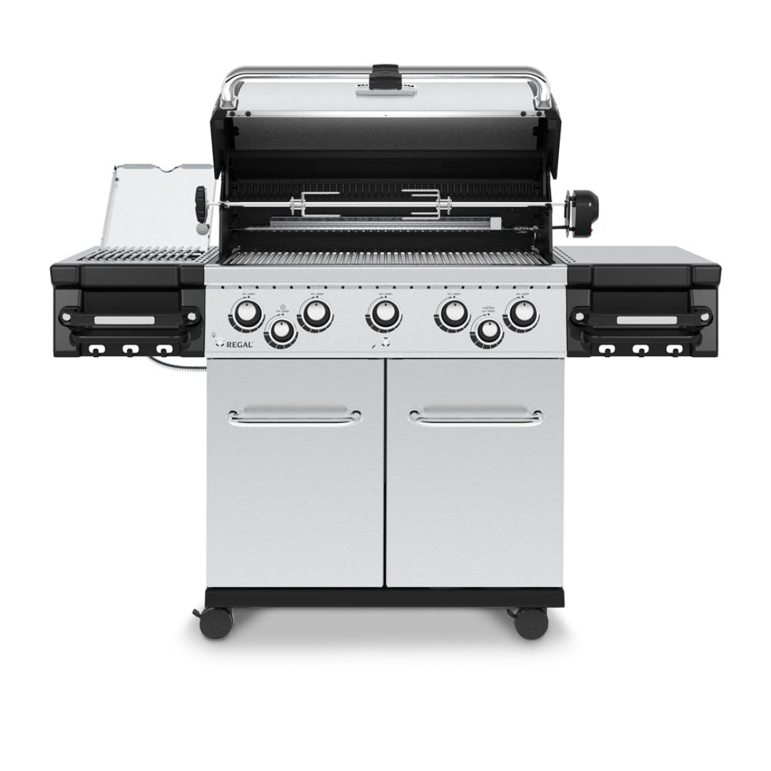 Regal S 590 Pro IR stainless steel 5-burner gas grill cart with infrared rotisserie, side burners and double-door storage — front view with hood open