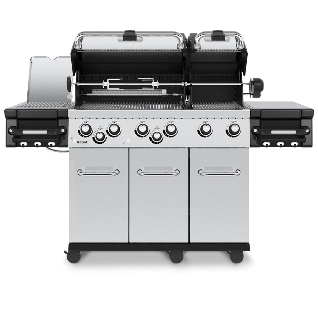 Broil King Regal S 690 Pro IR 6-burner stainless steel gas grill with infrared rotisserie, side burners and storage cabinet