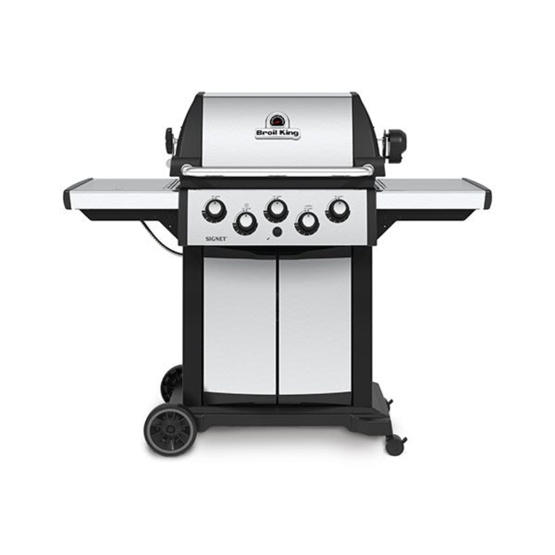 Broil King Signet 4-Burner Propane Grill with Stainless Steel Control Panel, Cabinet, Side Shelves, Rear Wheels, and Front Casters