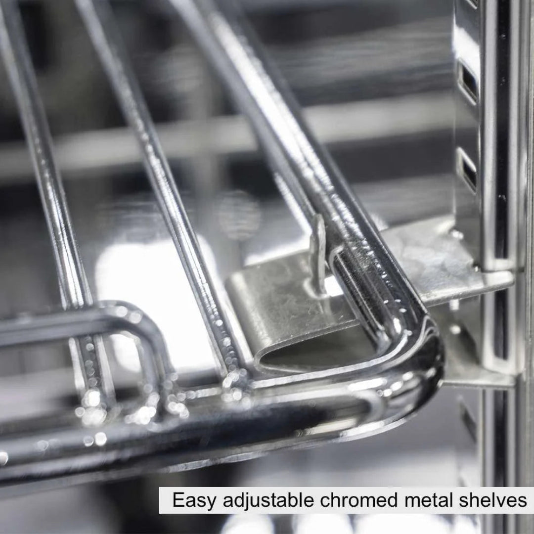 Adjustable chrome wire shelf clip on metal wine fridge rack, replacement shelf bracket for wine coolers and beverage refrigerators