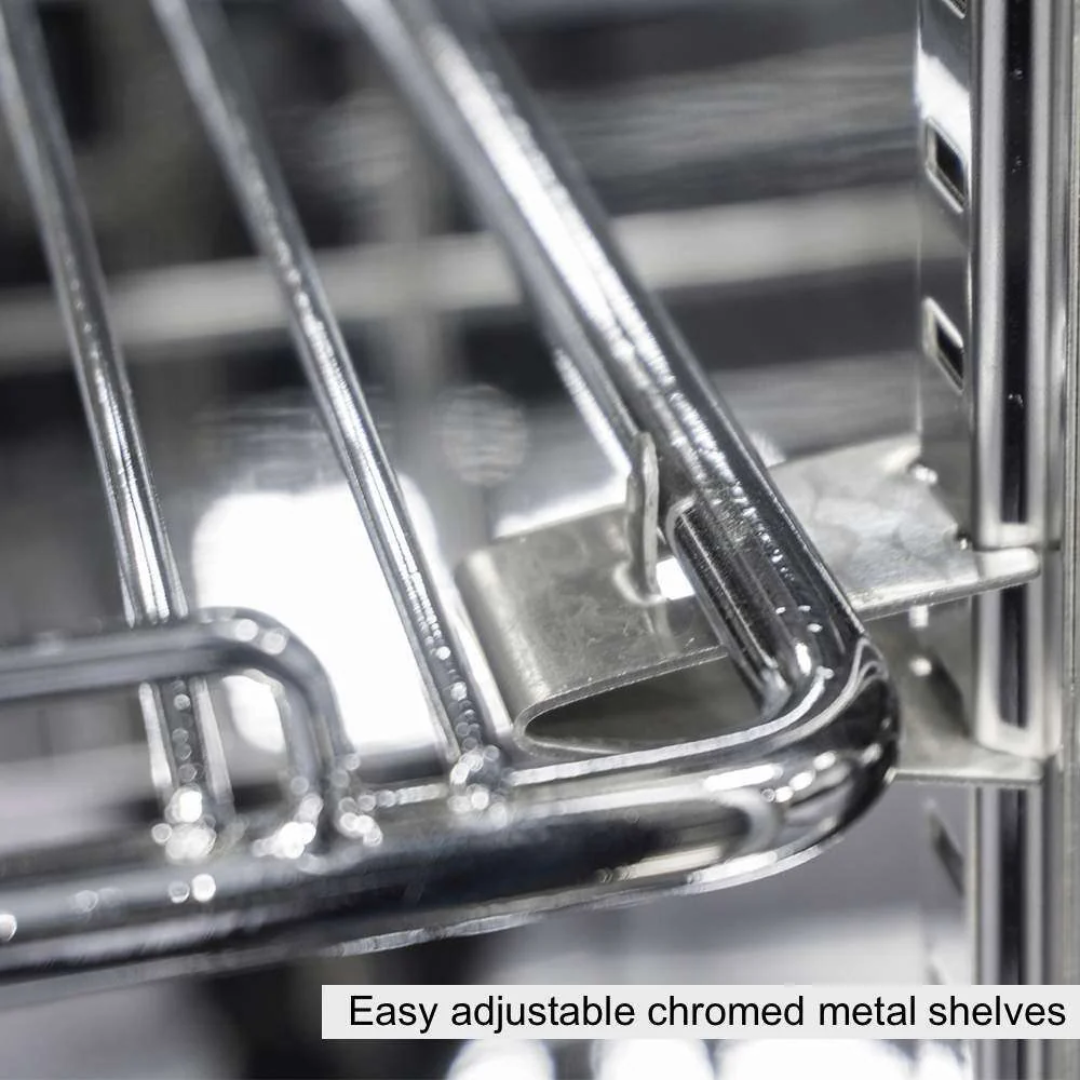 Chromed metal shelf clip securing adjustable chrome wire shelf to slotted upright post, heavy-duty shelving bracket for pantry, garage and commercial storage