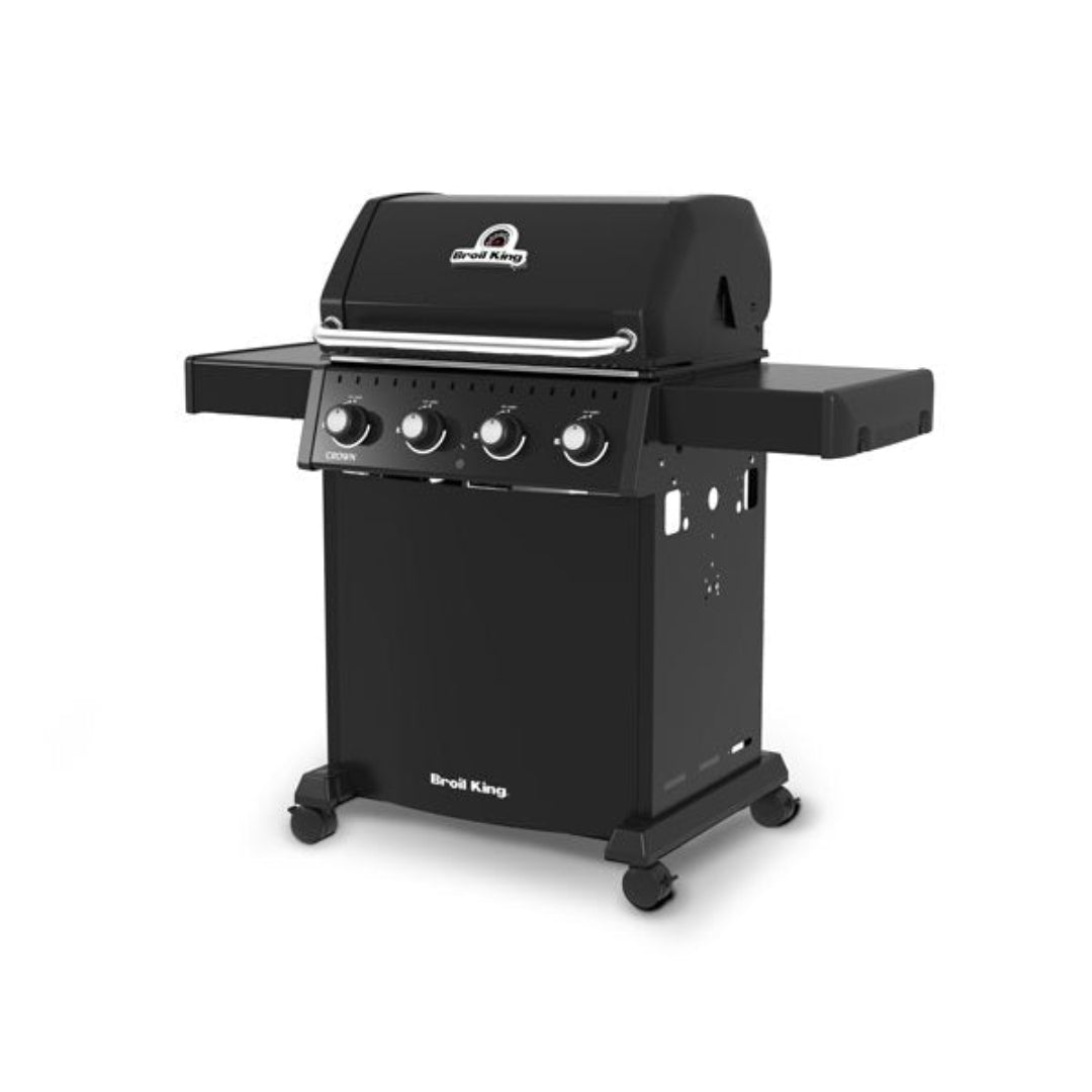 Freestanding grill, Broil King, Crown Series, 4-burner black propane gas grill with side shelves and cart base – angled view
