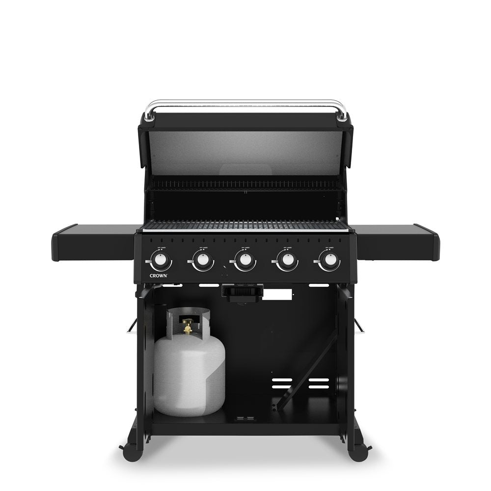 Grill – Broil King – Crown Series – 5-Burner Freestanding Propane Gas Grill – Open Cabinet – Black Finish – Front View – Lid Open