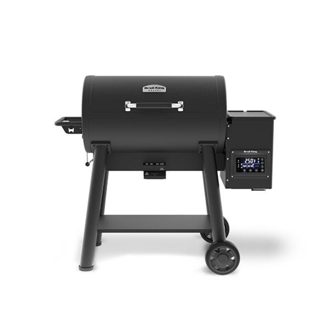 Pellet Grill, Broil King, Regal Pellet 500 Series, front view with digital control panel and heavy-duty wheels for backyard smoking