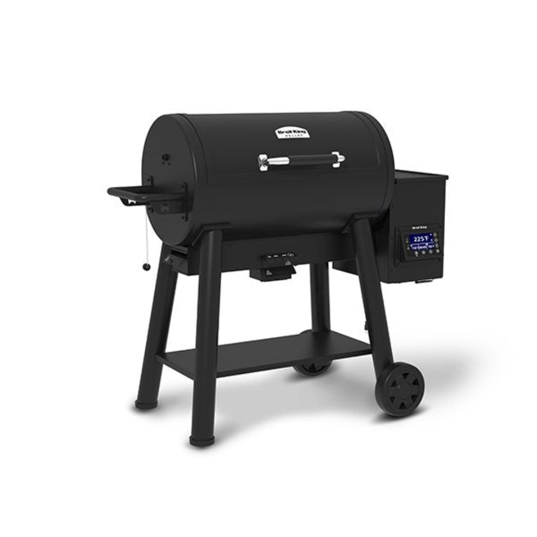 Pellet Grill, Broil King, Regal Pellet 500 Series, angled side view with digital display and bottom storage shelf