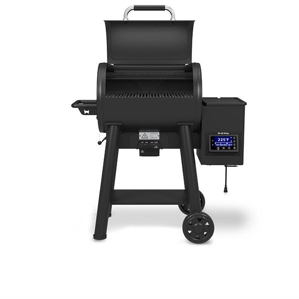 Grill, Broil King, Regal Pellet Series, freestanding pellet grill with open lid and digital controller display