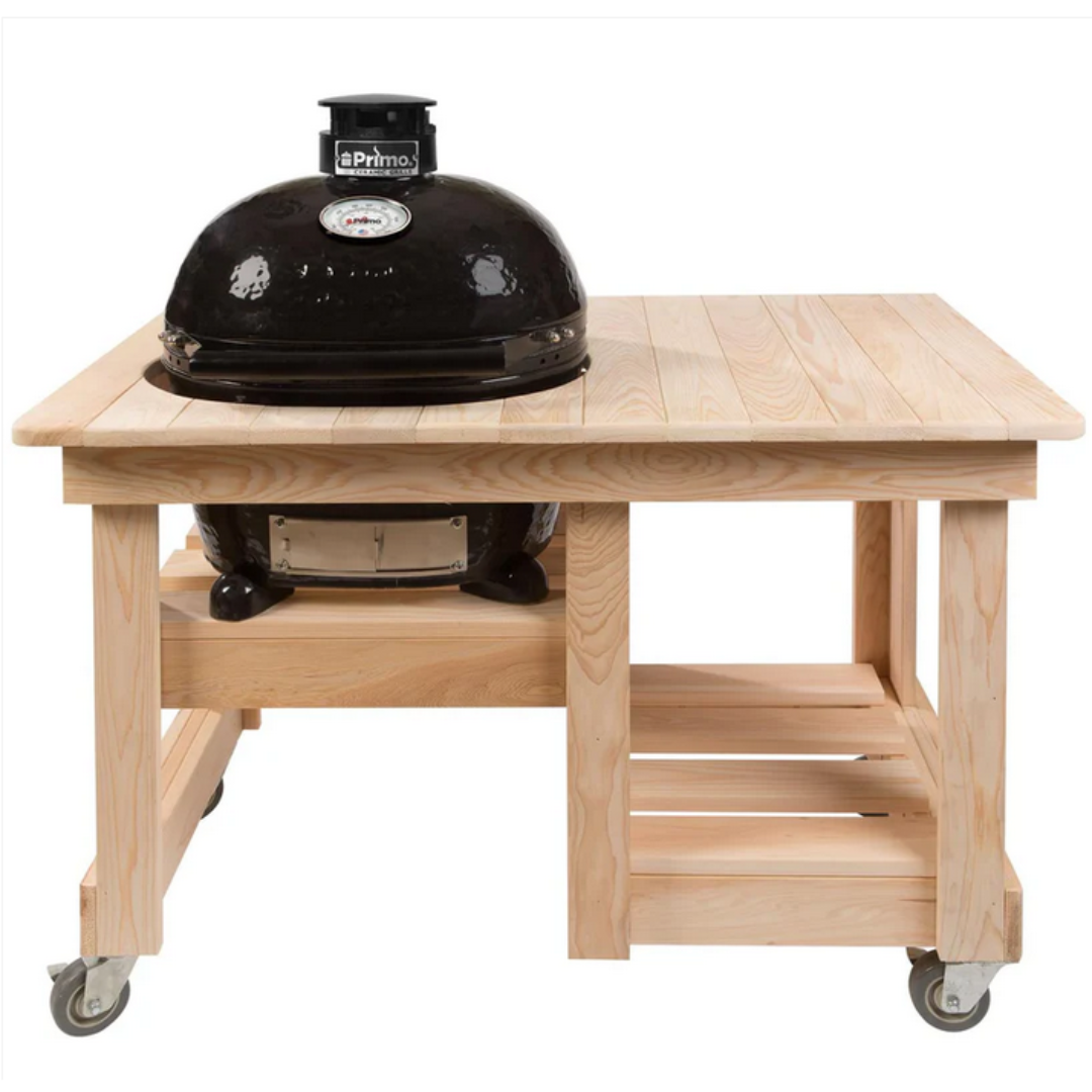 Unfinished cypress countertop kamado grill table with cutout for Primo ceramic grill, lower slatted shelf and locking caster wheels