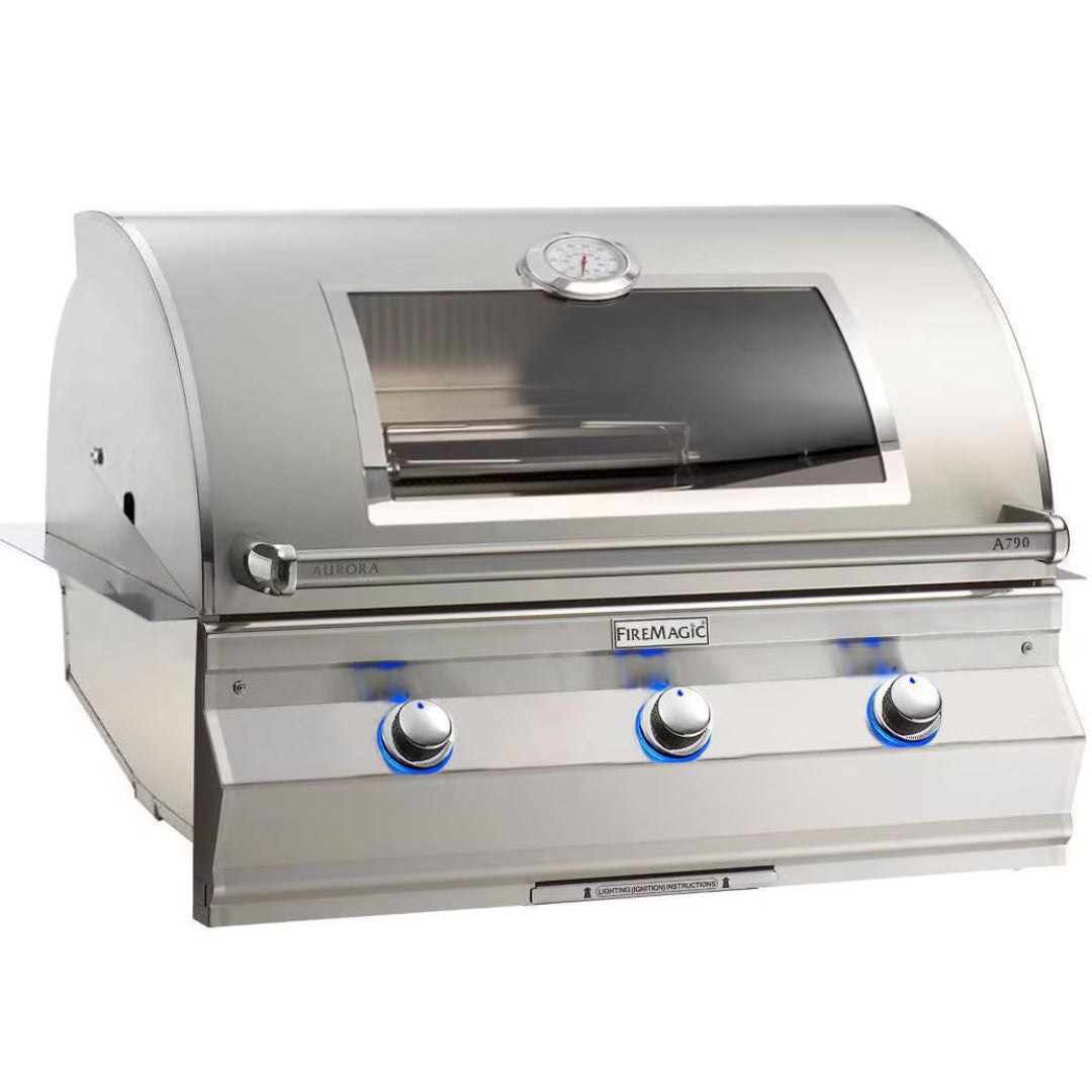 FireMagic Aurora A790 stainless steel built-in 3-burner gas grill head with viewing window, hood thermometer and blue LED control knobs, outdoor kitchen replacement vineandflame
