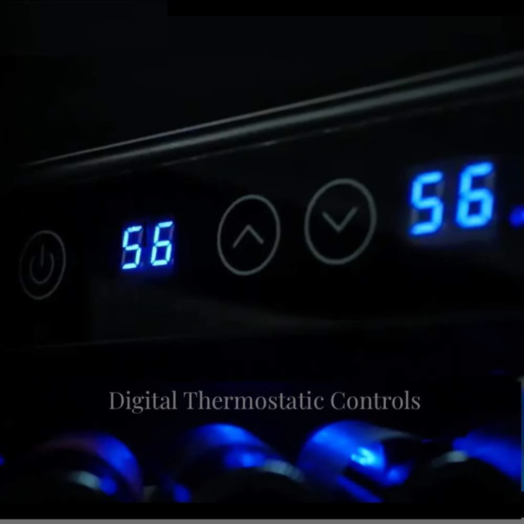 wine cooler digital thermostatic control panel showing 56°F on blue LED display with touch up/down arrows, power icon and interior blue bottle lighting