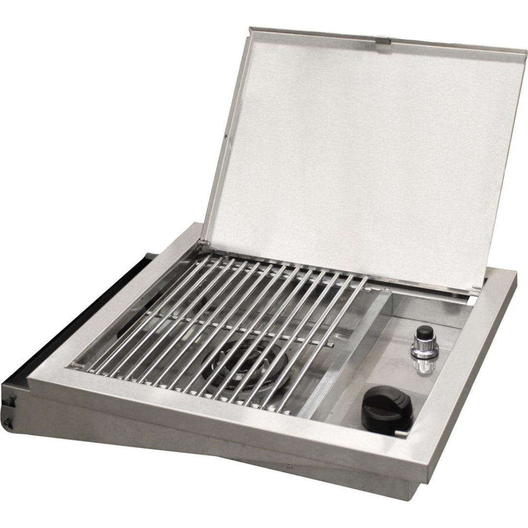 DPA150 stainless steel built-in drop-in single-burner gas side burner with hinged lid and chrome cooking grate, outdoor kitchen grill accessory by Vine & Flame