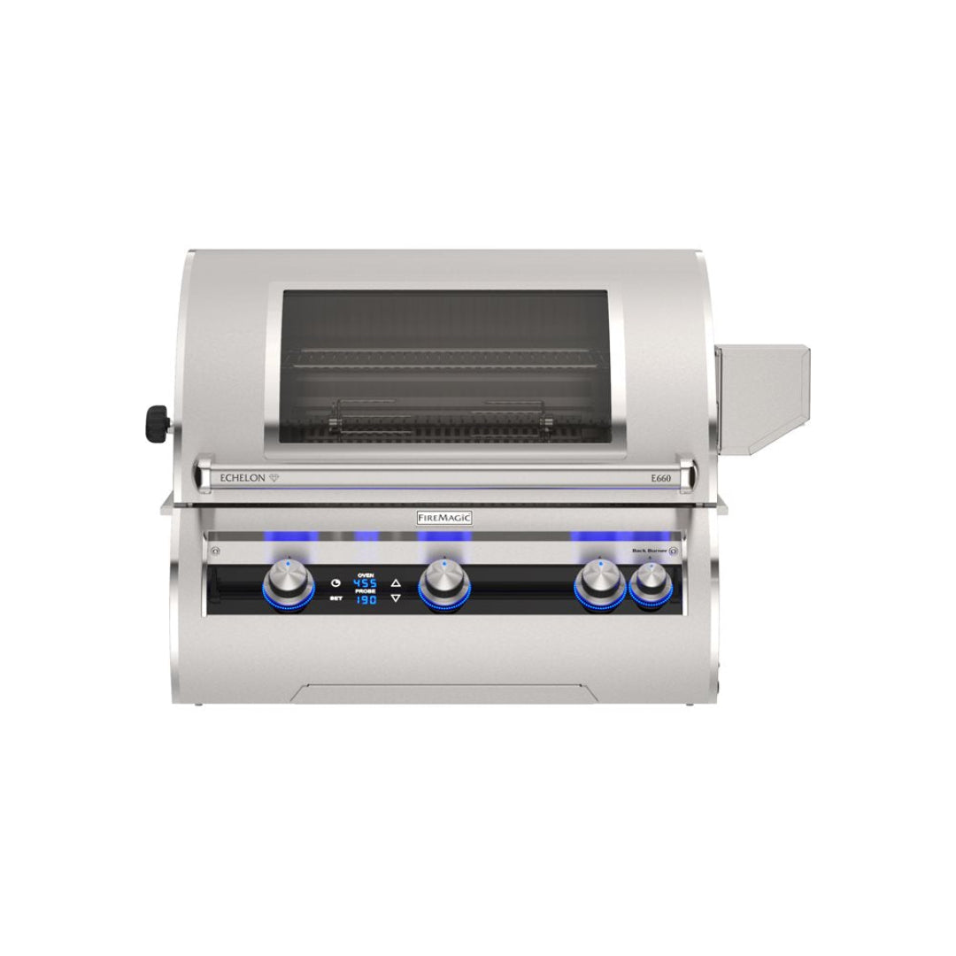 Fire Magic Echelon E660i Diamond built-in stainless steel gas grill for outdoor kitchens with viewing window, blue LED control knobs and rotisserie-ready