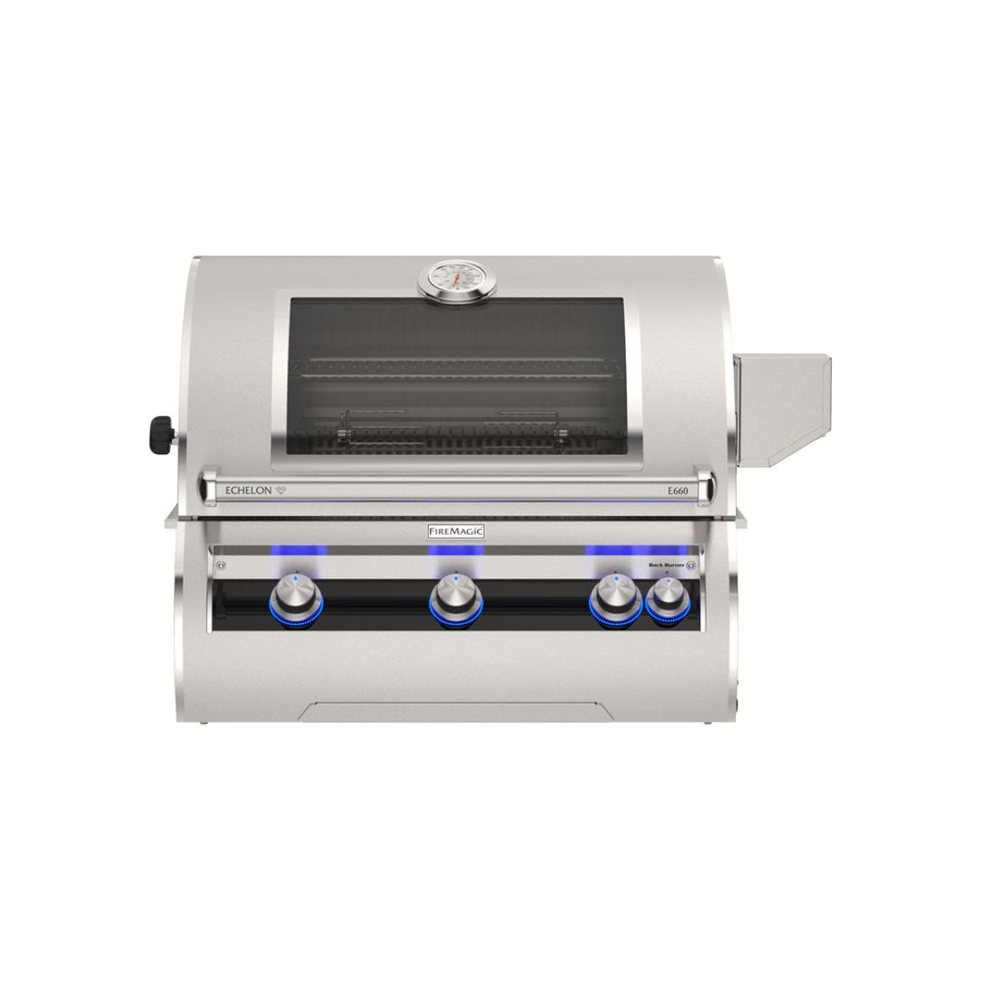 FireMagic Echelon E660i built-in stainless steel gas grill with analog viewing window and lid thermometer, LED-backlit control knobs — Vine & Flame
