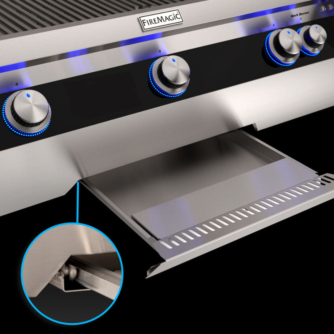 FireMagic slide-out removable stainless steel drip tray grease pan for built-in analog gas grills with LED-backlit control knobs