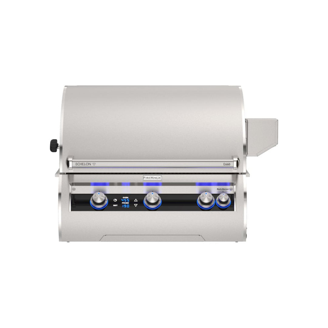 Fire Magic Echelon E660i built-in stainless steel gas grill head with digital display and blue LED illuminated control knobs for outdoor kitchen
