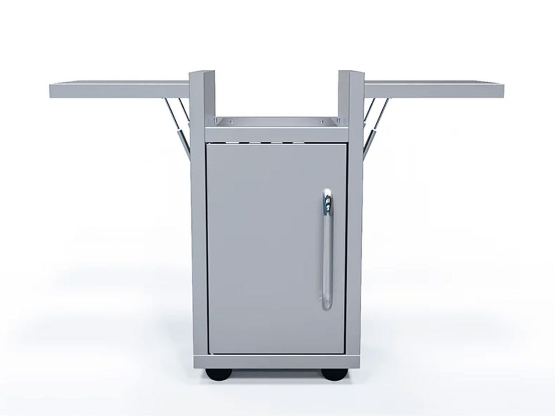 A stainless steel freestanding cart with side shelves and caster wheels, designed to accommodate a Le Griddle 16-Inch Wee Griddle Series.