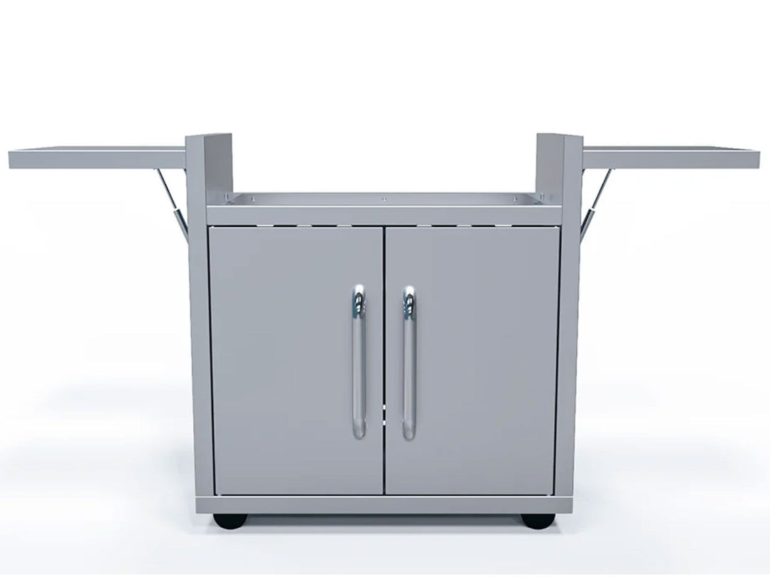 A freestanding, stainless steel cart with side shelves and heavy-duty casters, designed for Le Griddle 30-inch Dual Burner Gas & Electric Griddles.
