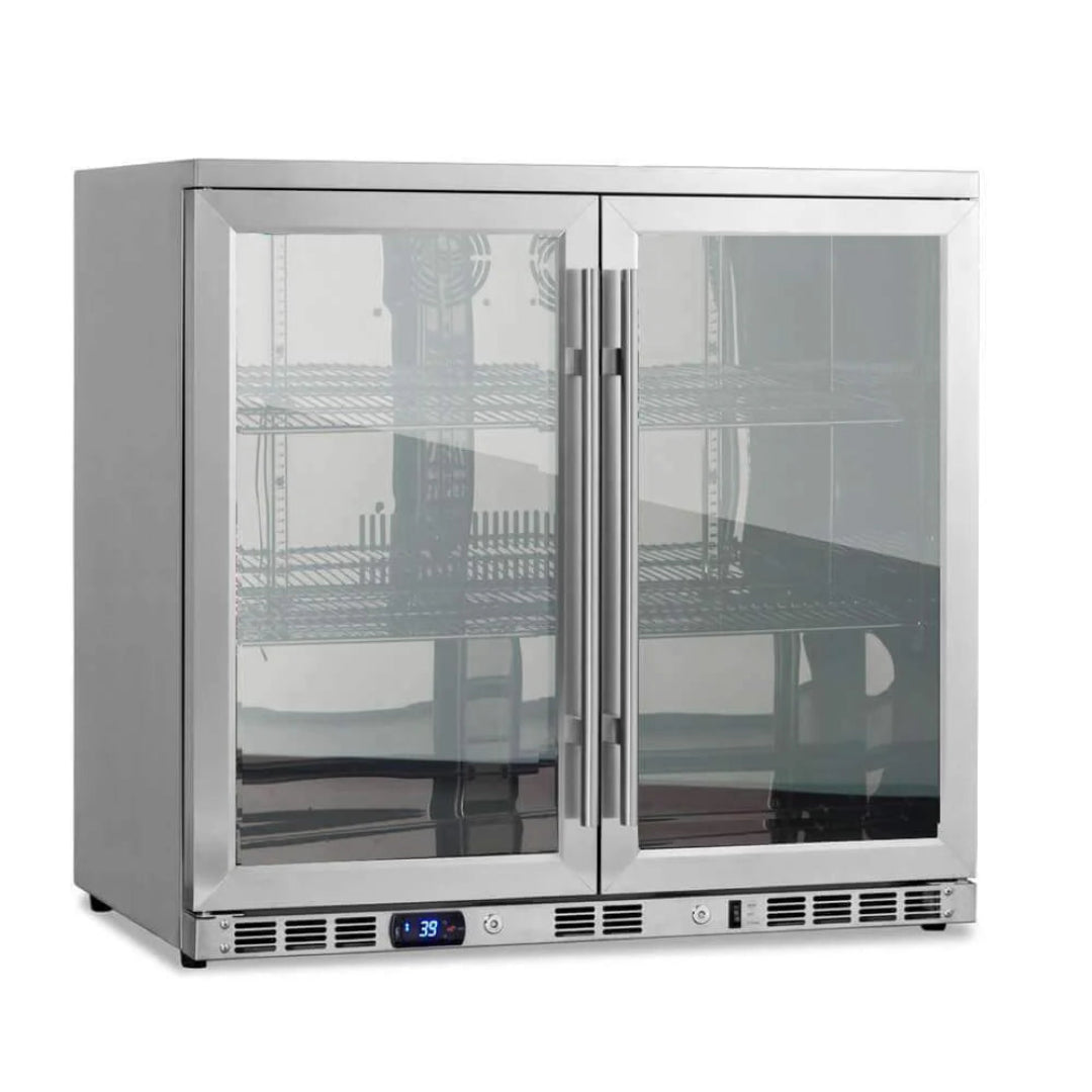 Glass-door built-in beverage fridge KBU56M stainless steel double-door undercounter beverage refrigerator with adjustable wire shelves and blue digital temperature display (39°F)