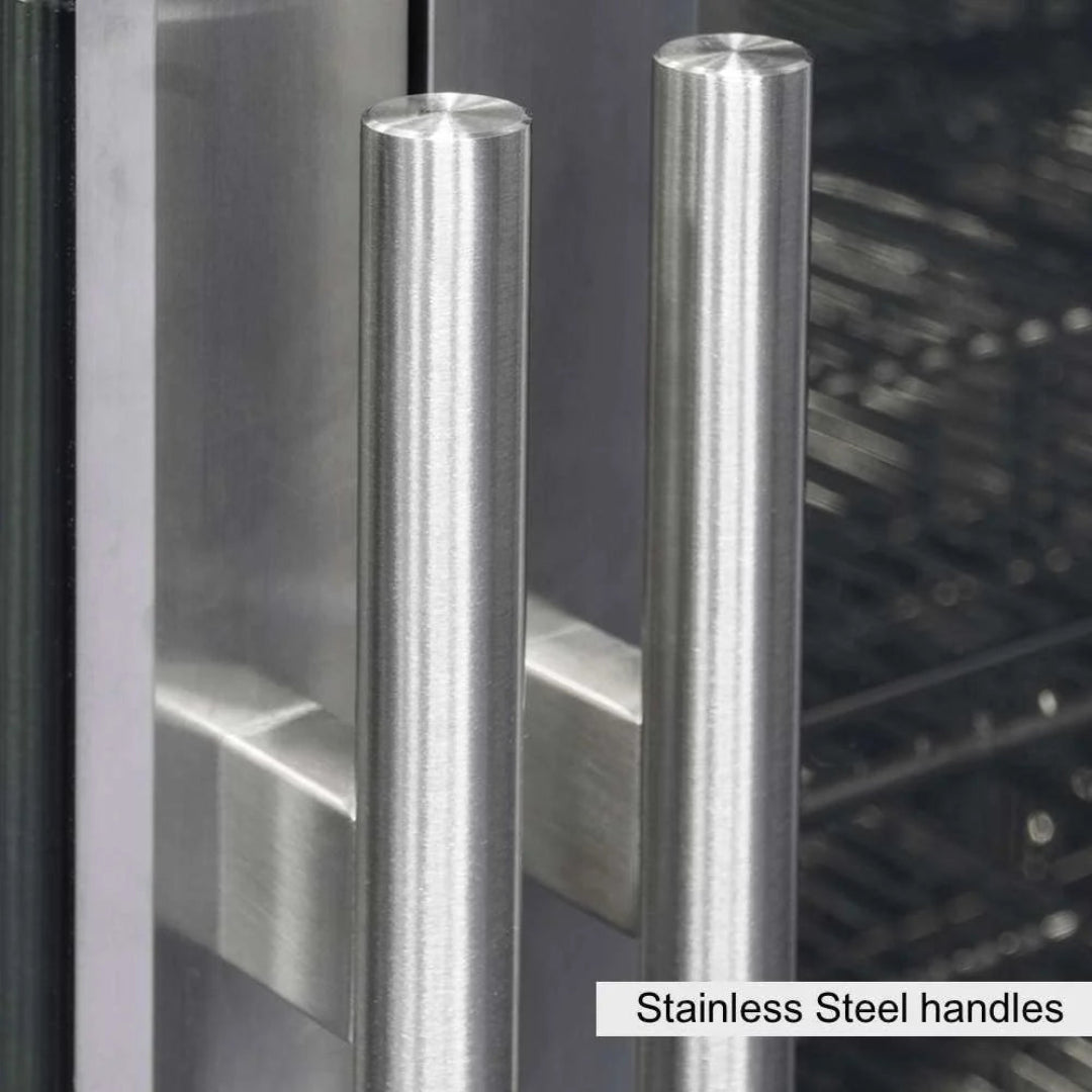 Pair of brushed stainless steel tubular pull handles on double glass door wine cooler refrigerator, VineandFlame replacement handles