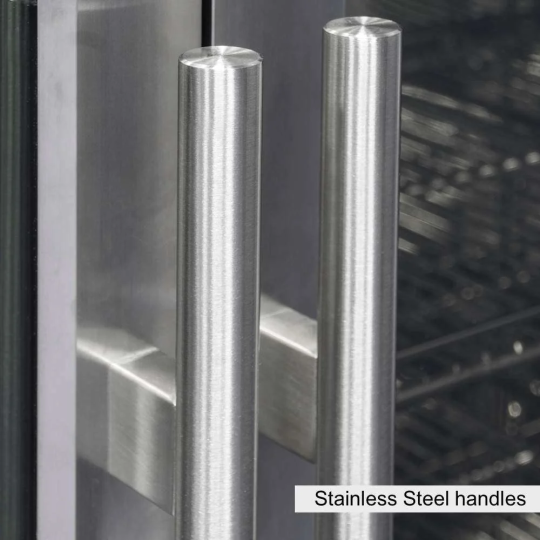Pair of brushed stainless steel tubular pull handles on glass doors of Vine & Flame double-door wine cooler
