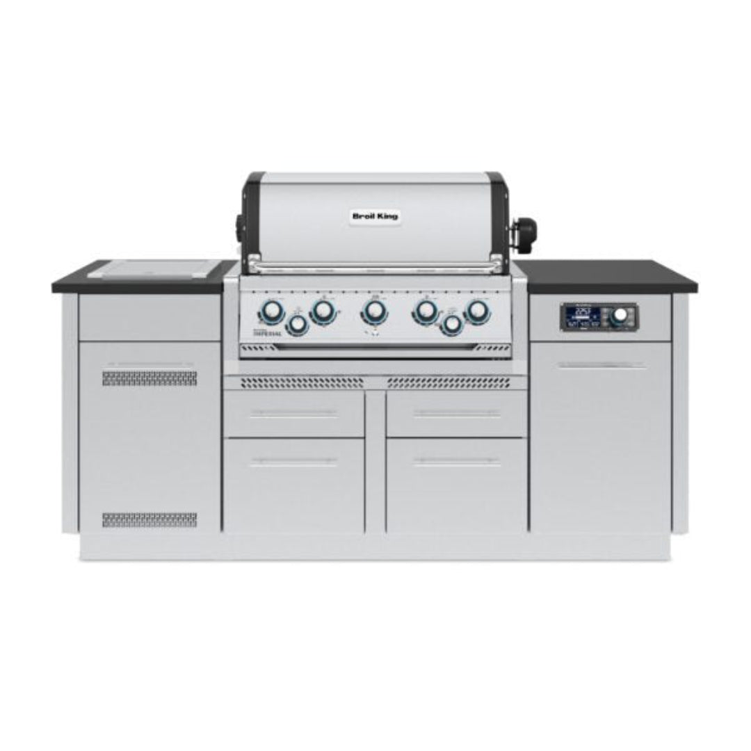 Broil King Imperial QS-590i built-in stainless steel gas grill island for outdoor kitchen with 6 burners, storage cabinets and side burner