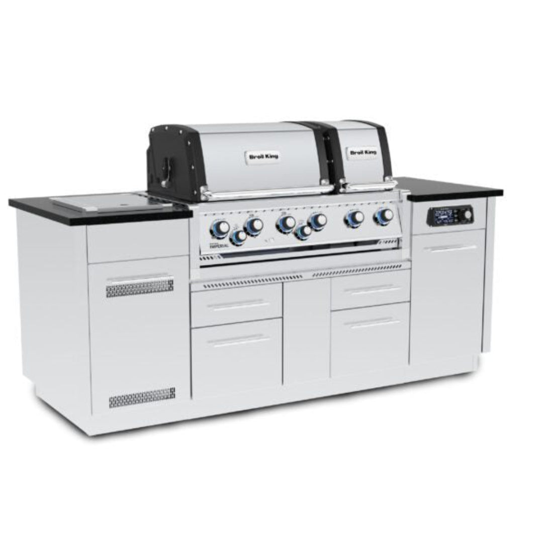 Broil King Imperial QS 690i 6-burner stainless steel built-in outdoor kitchen grill island with dual hoods, side burner, storage cabinets and integrated control panel