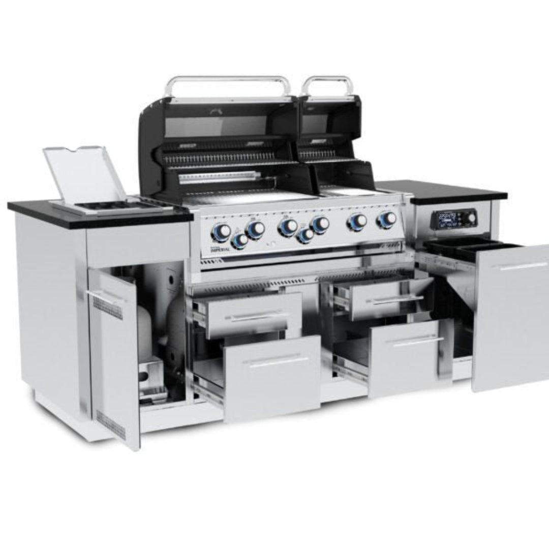 Imperial QS-690i gas 6-burner stainless steel built-in outdoor kitchen grill island with double hoods, side burner under glass lid, warming racks, six control knobs and pull-out storage drawers