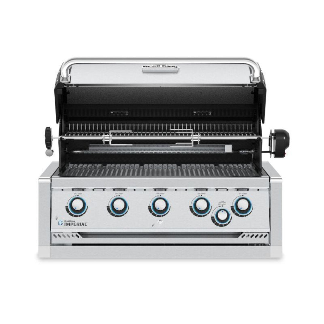 Built-in gas grill, Broil King, Imperial series, 5-burner open hood with rotisserie kit and LED control knobs.